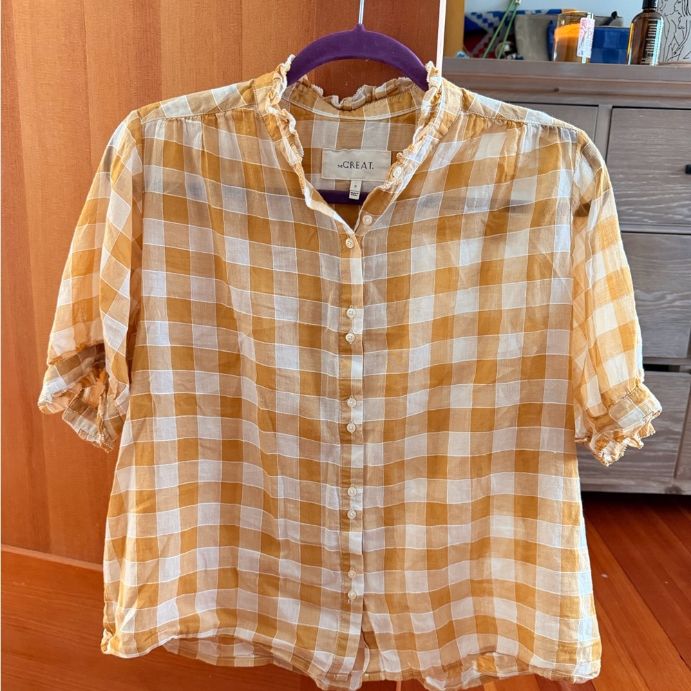 THE GREAT. Mustard and Cream Checkered Blouse